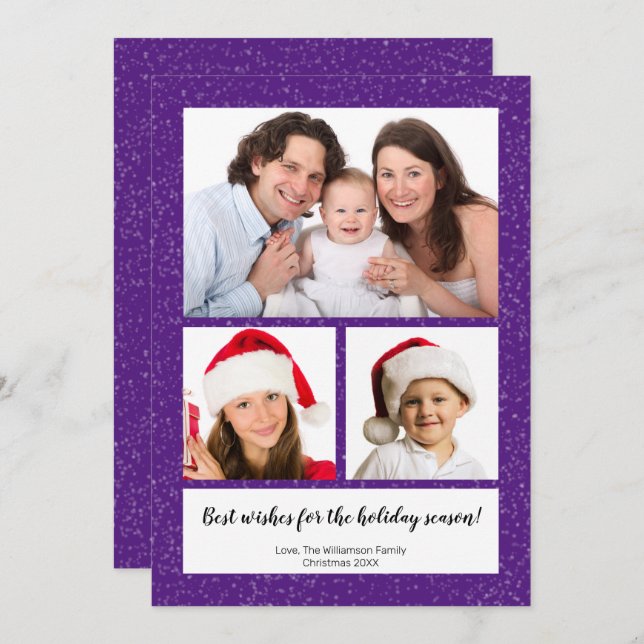 Cartão De Festividades DIY 3 Photo Collage Name Year Script Snowy Purple (Frente/Verso)