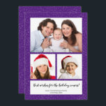 Cartão De Festividades DIY 3 Photo Collage Name Year Script Snowy Purple<br><div class="desc">Envie cartões de natal com este cartão de Natal com uma colagem de três fotos, com um fundo roxo de neve escondido. Personalize as 3 fotos carregando suas próprias fotos de sua família, amigos ou animais de estimação. O texto do roteiro diz melhores votos para o feriado! Personalize o texto...</div>