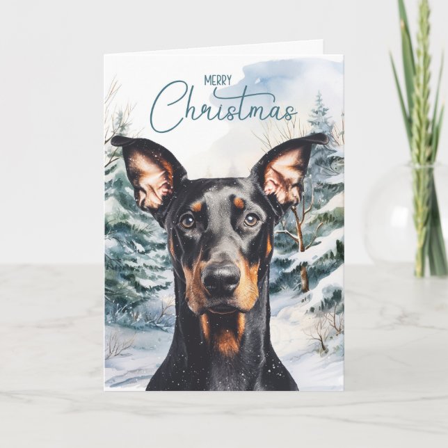 Cartão De Festividades Doberman Dog Snowy Winter Pines Christmas (Frente)