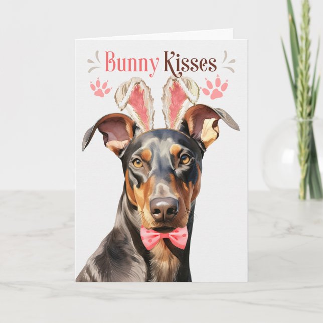 Cartão De Festividades Doberman Pinscher em Bunny Ears para Páscoa (Frente)