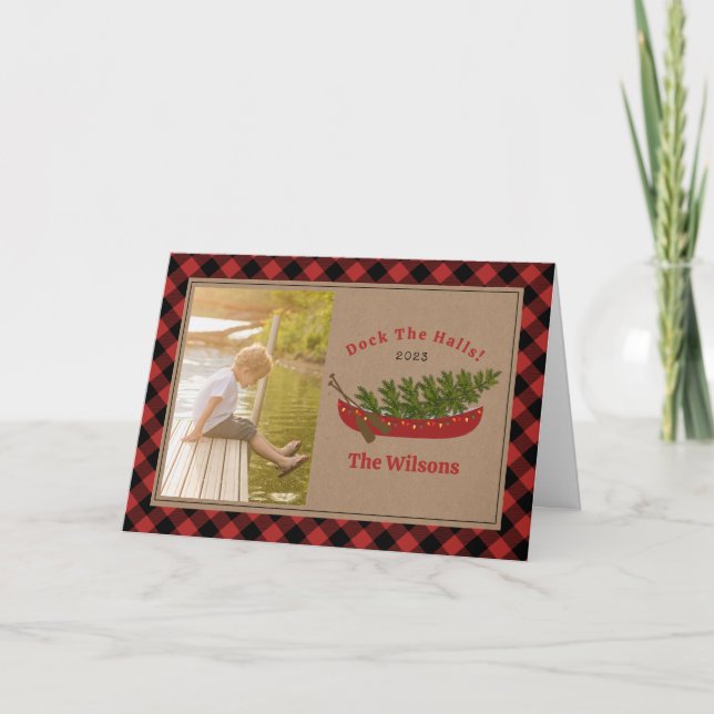 Cartão De Festividades Docas O Natal Canoa Xadrez Foto (Frente)