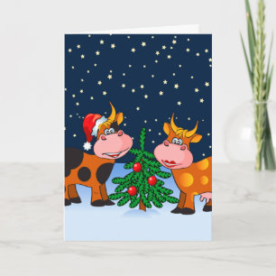 Cartão De Festividades Doce Casal De Vaca De Natal Feliz Por Árvore De Na