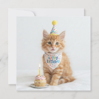 Cartão De Festividades Doce gatinho fofo com um cupcake. Feliz Aniversári