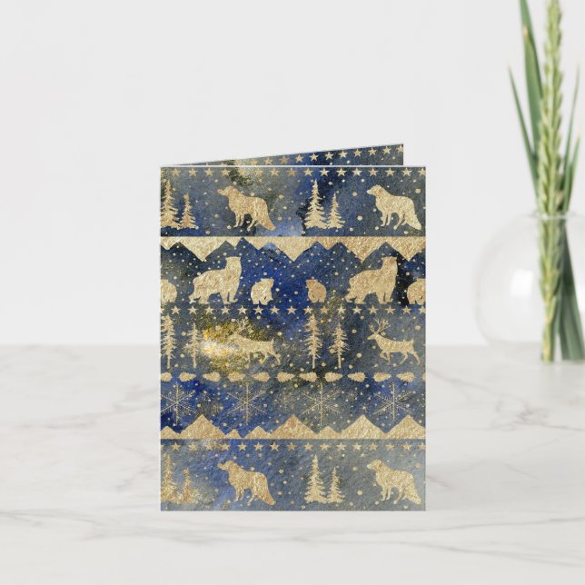 Cartão De Festividades Doce Nórdico Dourado Animais de inverno à noite (Frente)