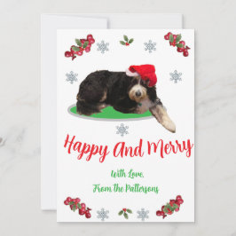 Cartão De Festividades Dog in Santa Hat And Berries Flat Holiday Card
