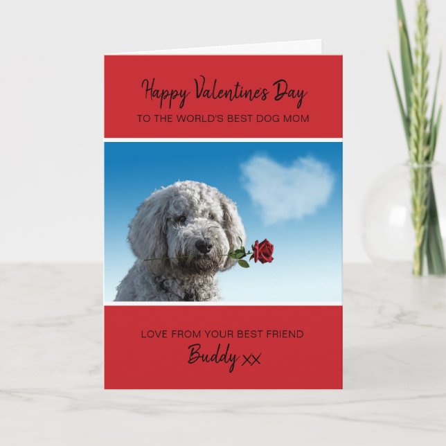 Cartão De Festividades Dog Mom Valentine From Dog With Red Rose (Frente)