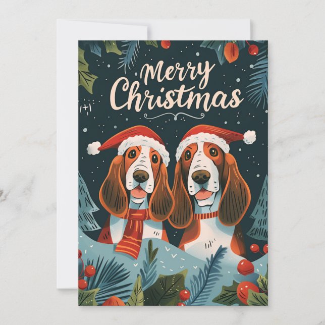 Cartão De Festividades Dois Basset Hound Feliz Natal (Frente)