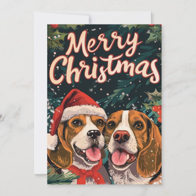 Cartão De Festividades Dois Beagle Feliz Natal (Frente)