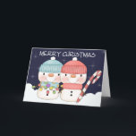 Cartão De Festividades Dois Bons Casais de Neve<br><div class="desc">Cartão de Natal com bonitos bonitos bonitos bonitos bonitinhos em chapéus vagos com canas doces e luzes sobre um fundo temático estelar.. Cartões de Natal de Ricaso Trabalho de arte ©Lisa Craig (Primsy Doodle / digiwebstudio.com)</div>