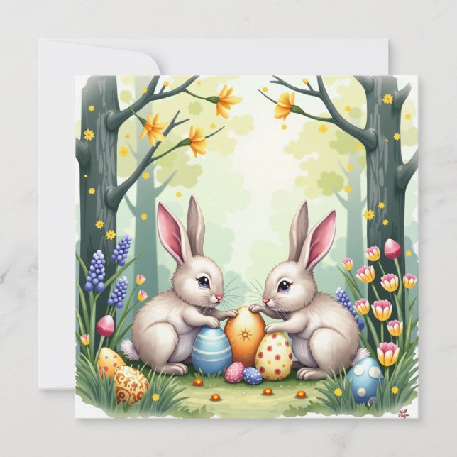 Cartão De Festividades Dois Coelhinhos da Páscoa (Frente)