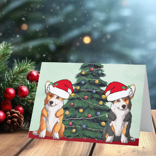 Cartão De Festividades Dois Corgi Árvore de Natal Cachorro Chapéu de Papa