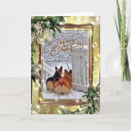 Cartão De Festividades Dois Corgis na neve com quadro