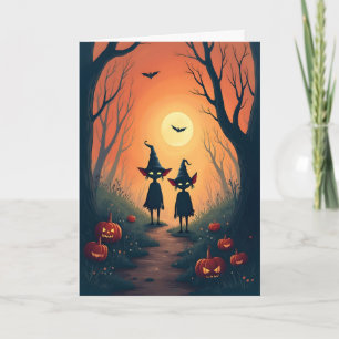 Cartão De Festividades Dois Duendes e Jack O'Lanterns no Halloween