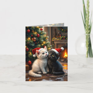 Cartão De Festividades Dois gatinhos de Natal fofos com chapéus de Papai