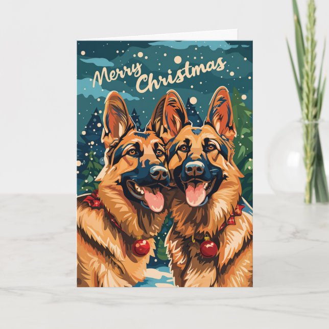 Cartão De Festividades Dois German shepherd Feliz Natal Personalizado (Frente)