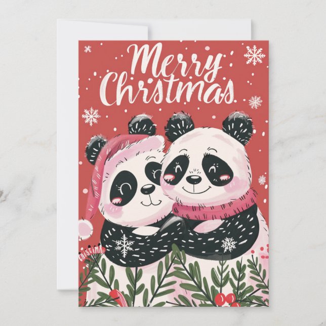 Cartão De Festividades Dois Panda Feliz Natal (Frente)