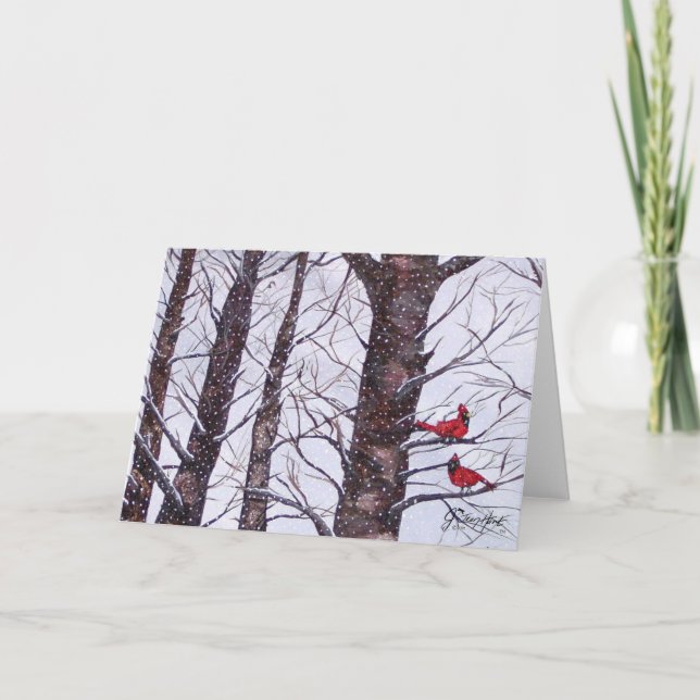 Cartão De Festividades Dois Pássaros Vermelhos no Inverno (Frente)