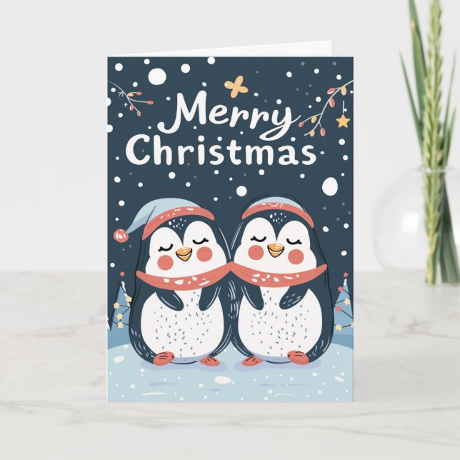 Cartão De Festividades Dois pinguins bonitos Feliz Natal Personalizado (Frente)