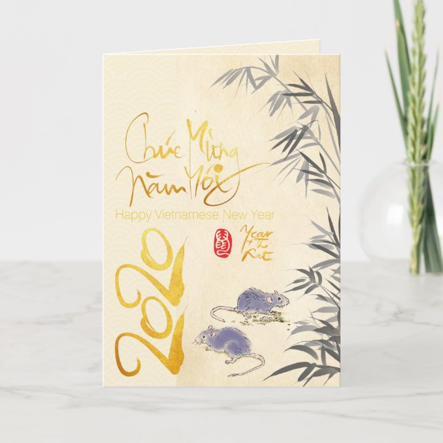 Cartão De Festividades Dois ratos Bamboo Vietnamita Ano Novo 2020 GC (Frente)