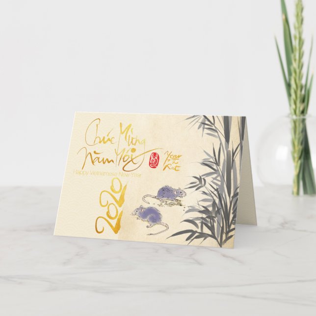 Cartão De Festividades Dois ratos Bamboo Vietnamita Ano Novo 2020 HGC (Frente)