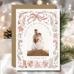 Cartão De Festividades Doodle de Foto de Família de Natal Peach Gold Coqu