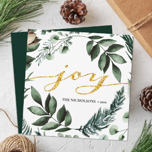 Cartão De Festividades Dourada alegria  Ivory Magnolia Winter Pine Leaf