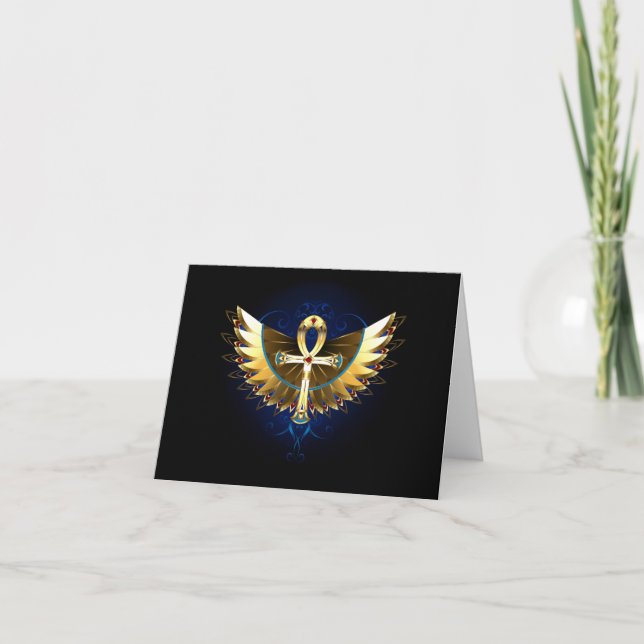 Cartão De Festividades Dourada Ankh com Asas (Frente)
