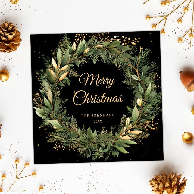 Cartão De Festividades Dourada Botânica  no Natal moderno (Modern Christmas Wreath Gold Black Botanical Holiday Card)