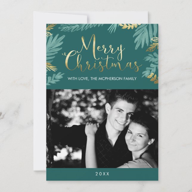 Cartão De Festividades Dourada e verde deixa feliz foto de Natal (Frente)