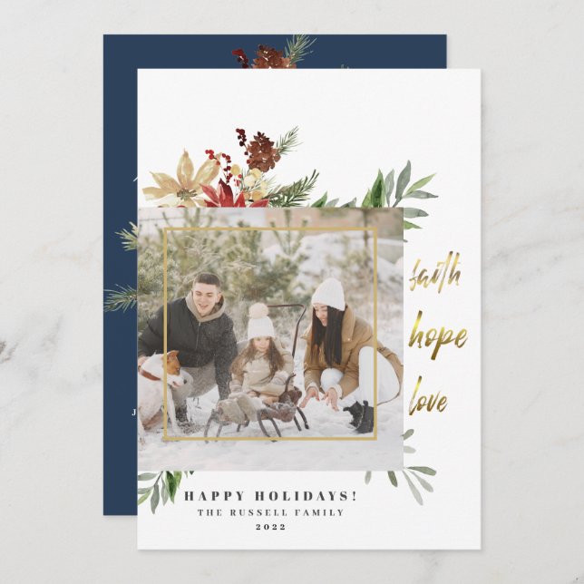 Cartão De Festividades Dourada Fé Esperança Ama Duas Fotografias Azul Nat (Frente/Verso)