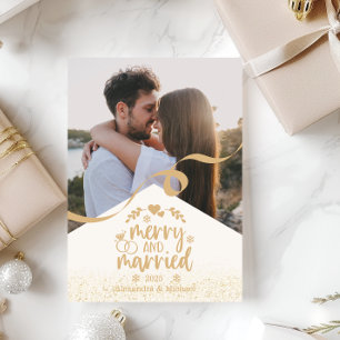 Cartão De Festividades Dourada Feliz brilhante e Foto casada