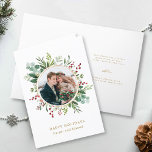 Cartão De Festividades Dourada Foto de Natal Botânica Greenery<br><div class="desc">Esta foto de Natal | Cartões dobrados de férias com a cor d'água pintada de eucalipto, folhas verdes, bagas vermelhas, ramificações de pínus, e uma estrutura falsa em círculo dourado com dentro de texto opcional. Para personalização mais avançada deste design, clique no link "personalizar mais". Itens correspondentes também estão disponíveis....</div>