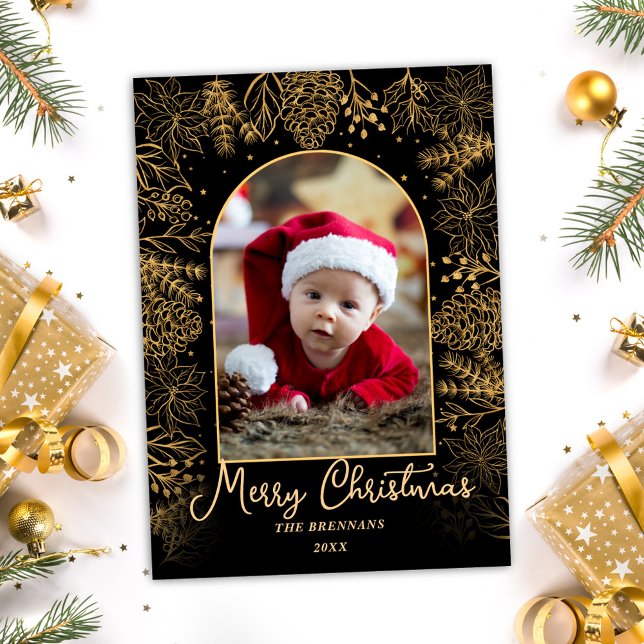 Cartão De Festividades Dourada Foto de Natal Elegante Script Festivo (Gold Christmas Photo Elegant Festive Script Holiday Card)