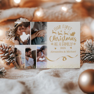 Cartão De Festividades Dourada Glitter 6 Foto Primeiro Natal como Família