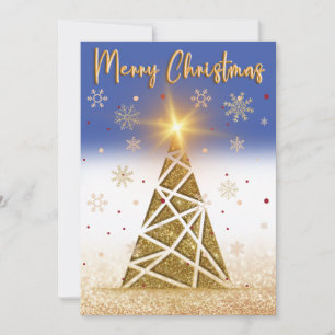 Cartão De Festividades Dourada neve Sparkle e árvore de Natal com azul