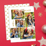 Cartão De Festividades Dourada Paz Joy Love 5 Photo Collage Natal<br><div class="desc">Este cartão de Natal de colagem de na moda cinco fotos apresenta leitura de tipografia moderna, PEACE, JOY e LOVE em folha de ouro falsa. A parte de trás do cartão contém um padrão de árvores de Natal de folha falsa correspondente sobre um fundo de cor personalizado (mostrado em branco)....</div>