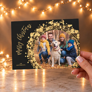 Cartão De Festividades Douradas estrelas na foto de Natal de Preto Feliz
