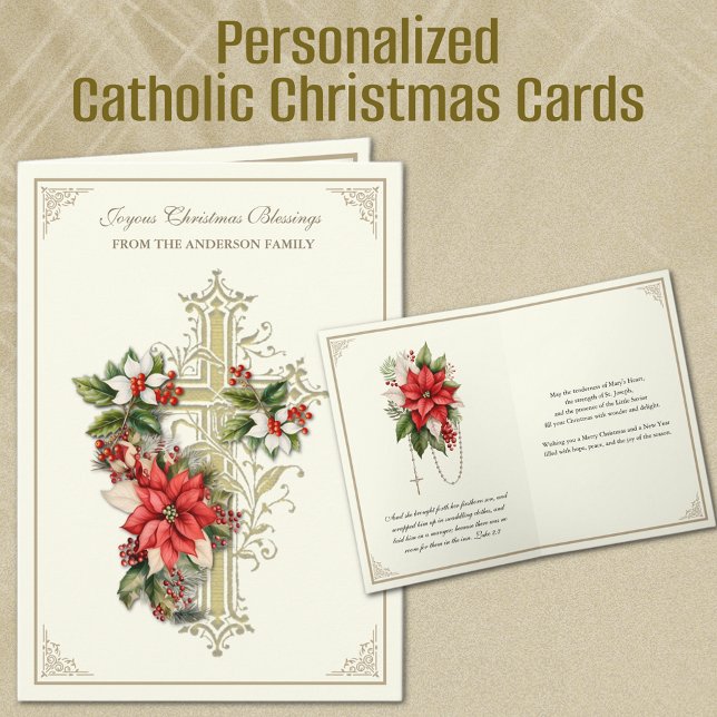 Cartão De Festividades Douradas Poinsettias católicas (Personalized Catholic Christmas Cards with Gold Cross and Poinsettia Flowers)