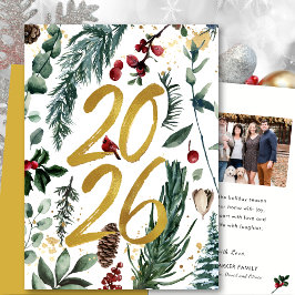 Cartão De Festividades Dourado 2025 Pine Festiva de Natal Foto Vermelha B