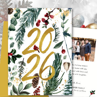 Cartão De Festividades Dourado 2025 Pine Festiva de Natal Foto Vermelha B