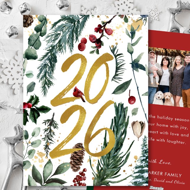 Cartão De Festividades Dourado 2025 Pine Festiva de Natal Foto Vermelha B (Criador carregado)