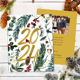 Cartão De Festividades Dourado 2025 Pine Festiva de Natal Foto Vermelha B