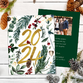 Cartão De Festividades Dourado 2025 Pine Festiva de Natal Foto Vermelha B