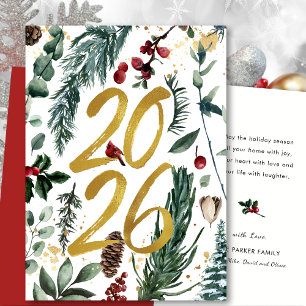 Cartão De Festividades Dourado 2025 Pinheiro Natal Festivo Bough Red Flor