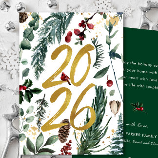 Cartão De Festividades Dourado 2025 Pinheiro Natal Festivo Bough Red Flor