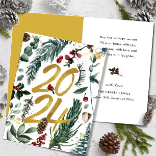 Cartão De Festividades Dourado 2025 Pinheiro Natal Festivo Bough Red Flor