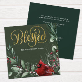 Cartão De Festividades DOURADO ABATIDO | Pinheiros de pássaro vermelho-in