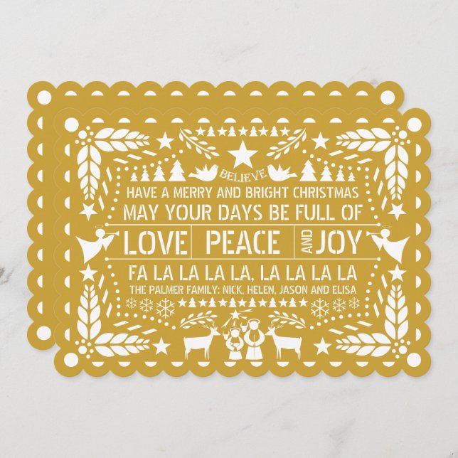 Cartão De Festividades Dourado Amor Paz Joy papel picado Natal (Frente/Verso)