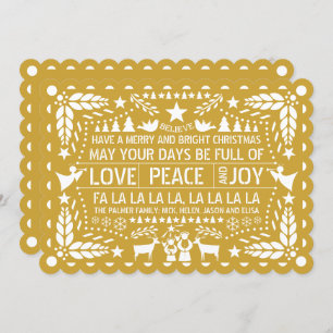 Cartão De Festividades Dourado Amor Paz Joy papel picado Natal