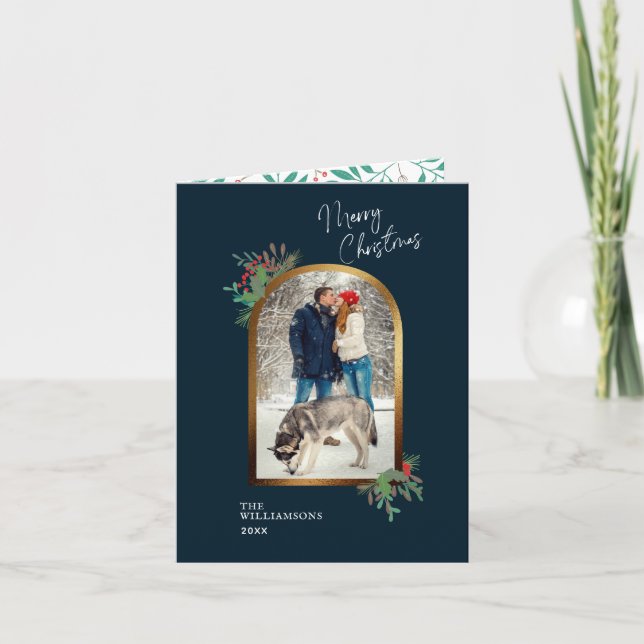 Cartão De Festividades Dourado Arch 2 Foto Feliz Natal (Frente)